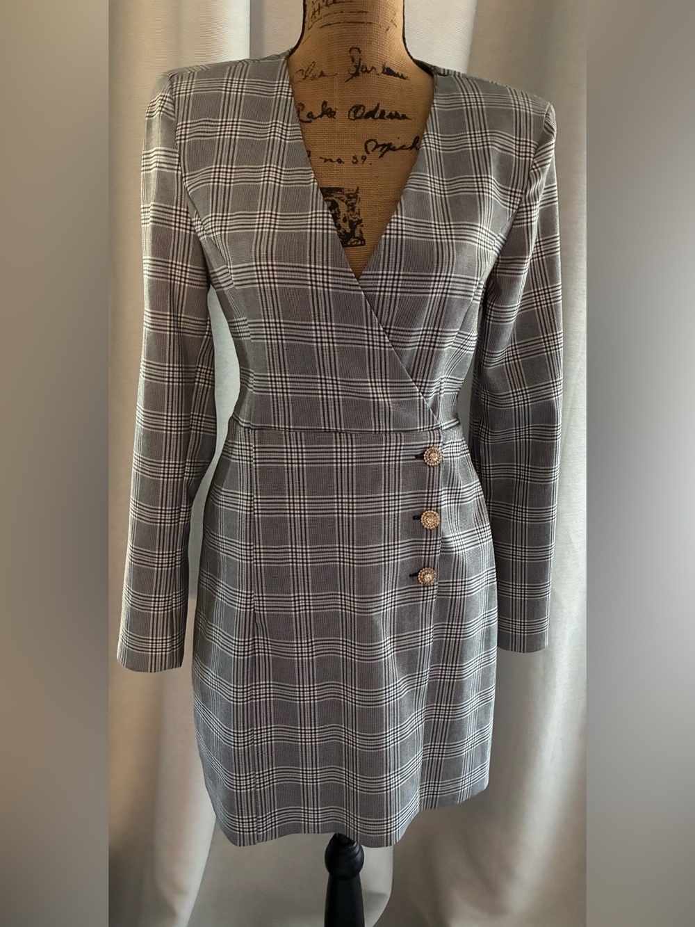 Zara Gray Plaid Wrap-Front Long Sleeve Dress